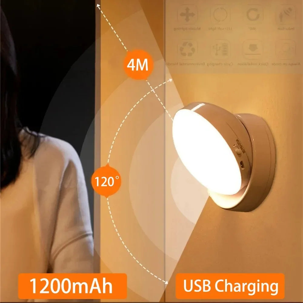 Motion Sensor Round LED Night Light – USB Rechargeable, Energy Saving