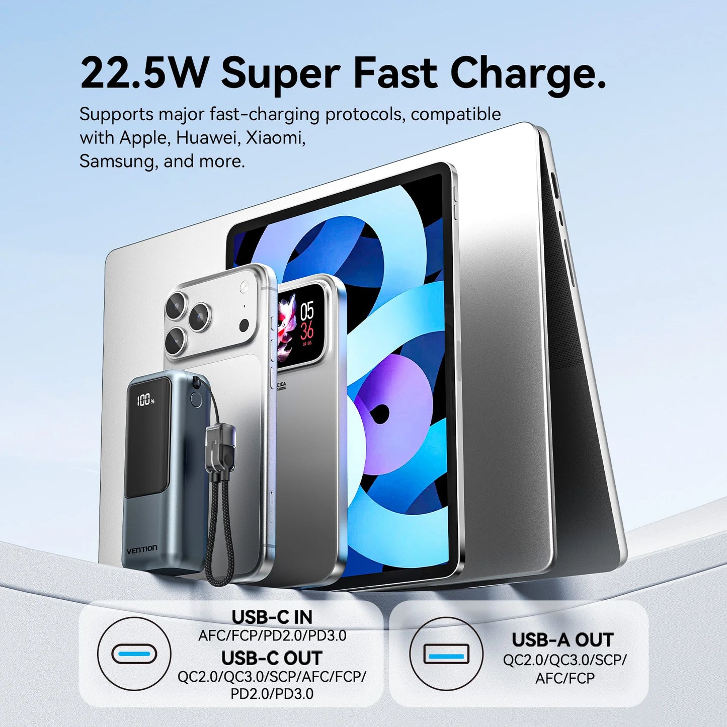 Vention Mini Power Bank 10000mAh 22.5W PD Fast Charging with Built-In USB-C Cable