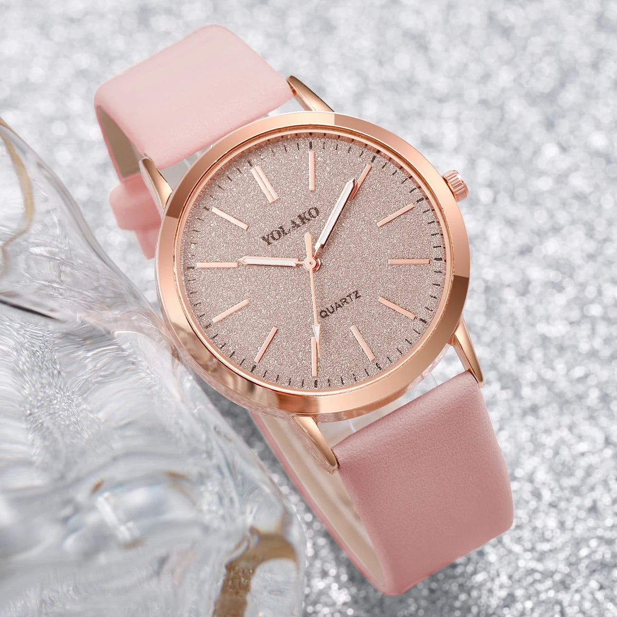 Women's Quartz Watch with Matte Glitter Dial & Leather Band