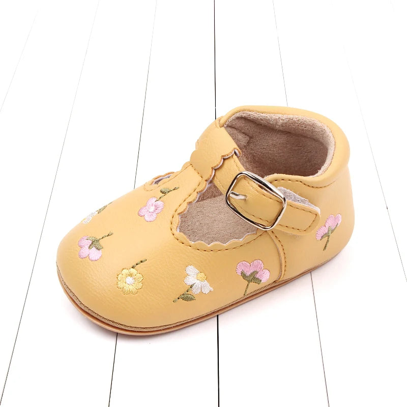 Baby Girl Embroidered Flower T-Strap Mary Jane Shoes
