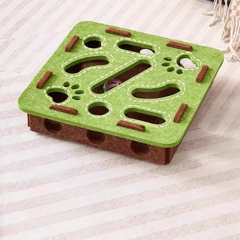Cat Puzzle Box Toy with Felt Ball Tracks & Holes