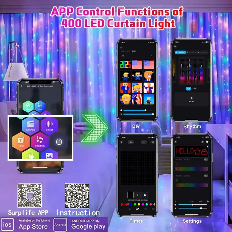 Smart LED Curtain Lights – 400 LEDs, App & Remote Control, Music Sync
