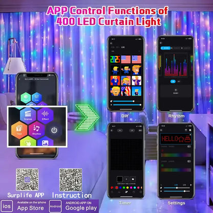 Smart LED Curtain Lights – 400 LEDs, App & Remote Control, Music Sync