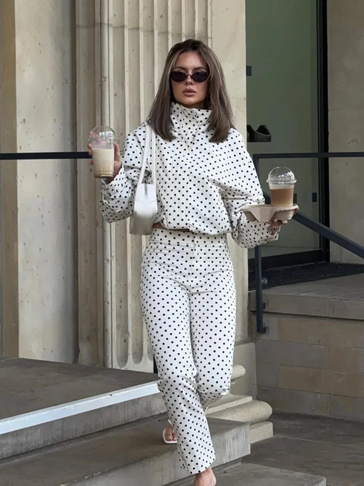 Women's Polka Dot Turtleneck Jacket & Shorts Set – Casual Autumn Outfit