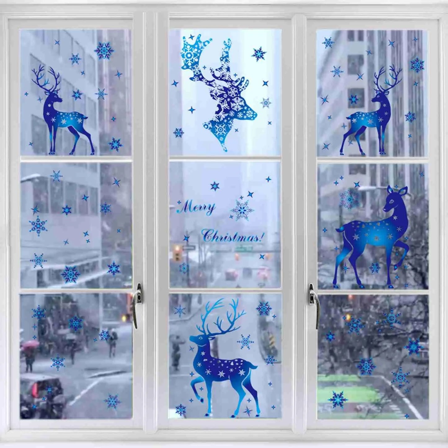 Christmas Window Clings – Blue Reindeer & Snowflake Stickers