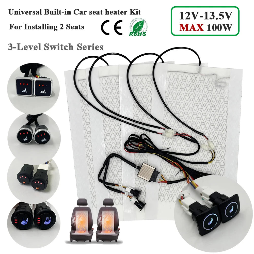 Car Seat Heater Kit Universal 12V 100W Carbon Fiber Pads for 2 Seats