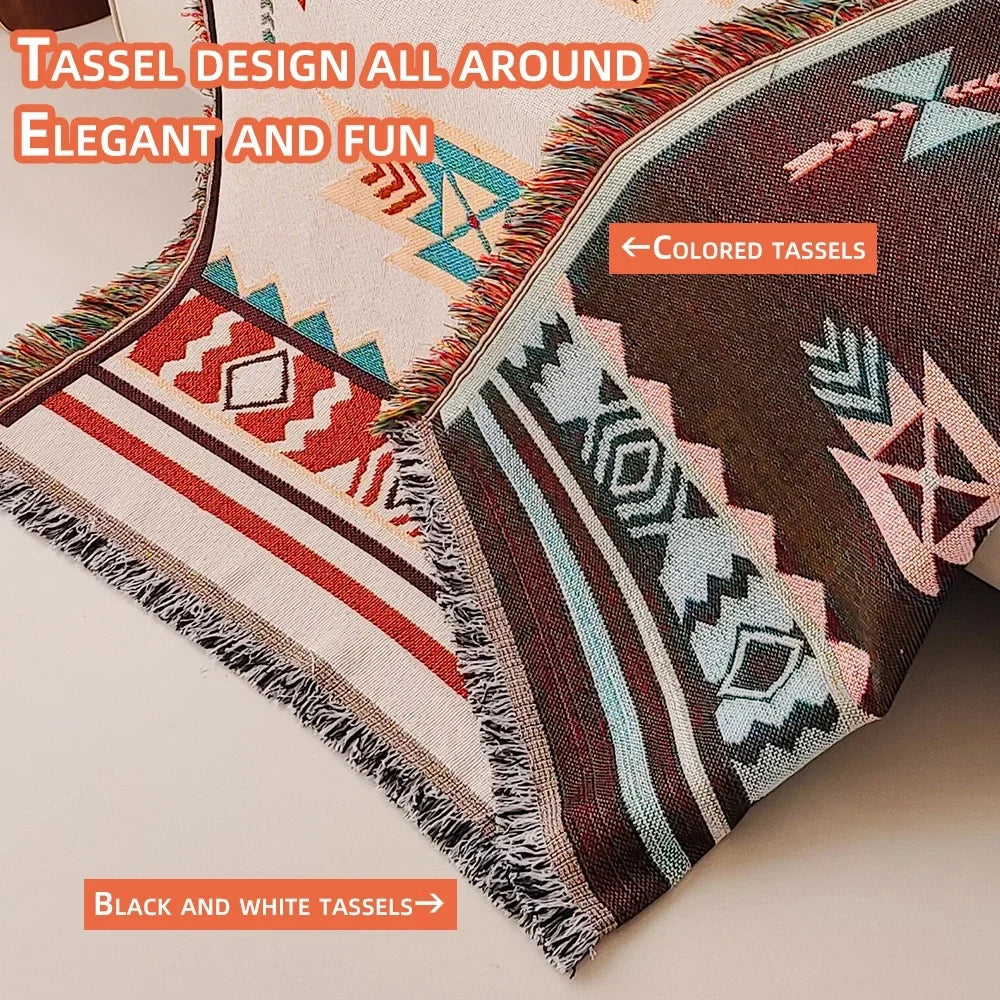 Aztec Boho Throw Blanket with Fringe – Southwestern Woven Tapestry, 2 Colors