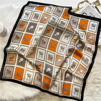 Satin Square Scarf Women Cute Cat Print Headscarf Neckerchief