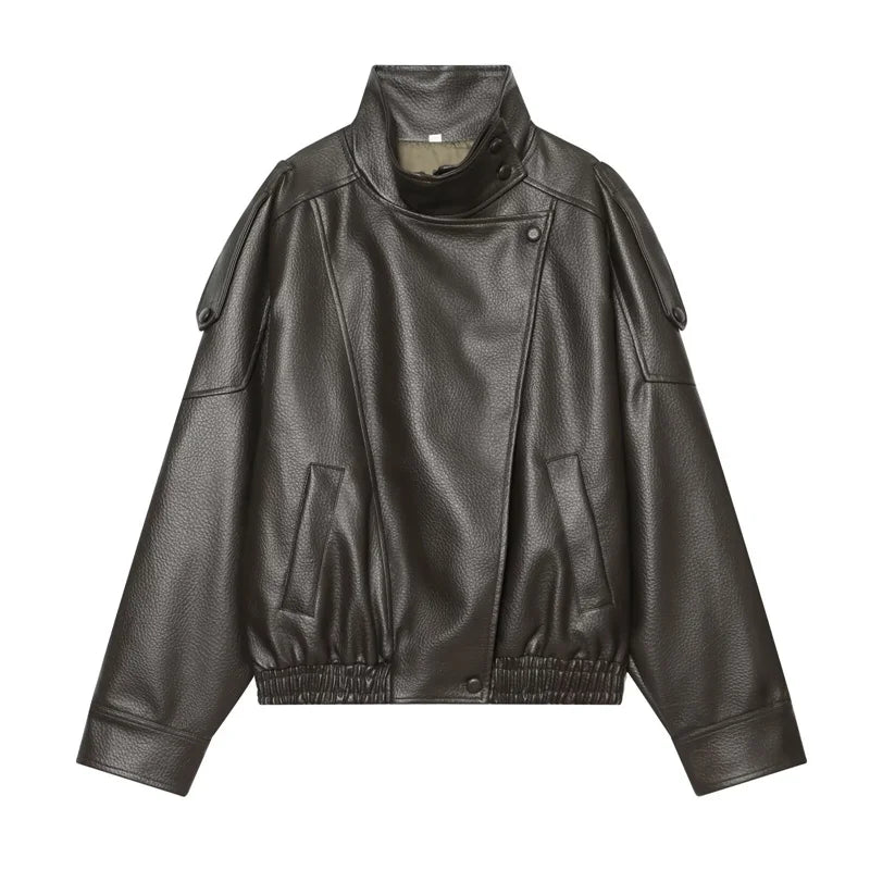 Women's Faux Leather Jacket – Asymmetric Zip Stand Collar Coat