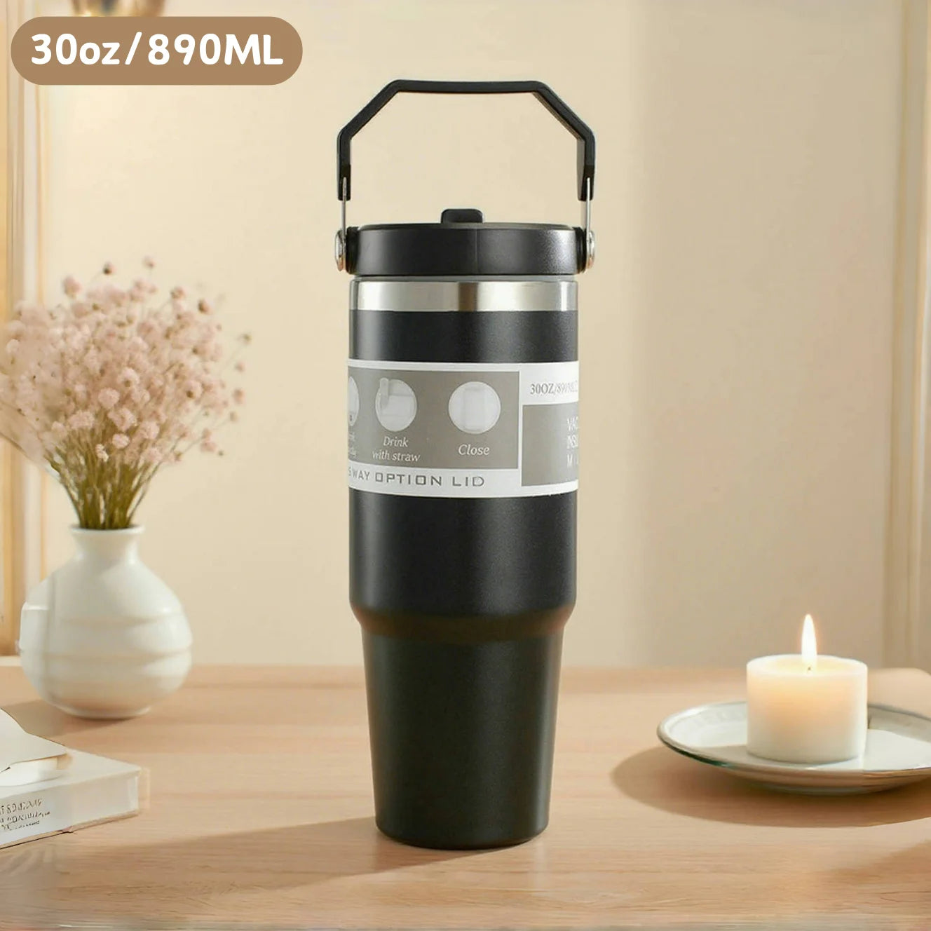 30oz Stainless Steel Travel Tumbler with Straw & 3-Way Lid