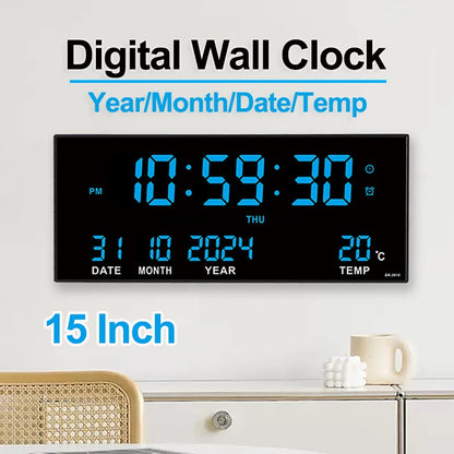 LED Digital Wall Clock with Alarm, Temperature & Calendar Display