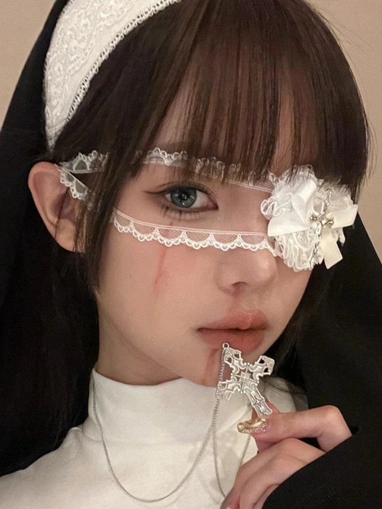 Lace Eye Mask with Cross & Bow – Gothic Lolita Halloween Accessory