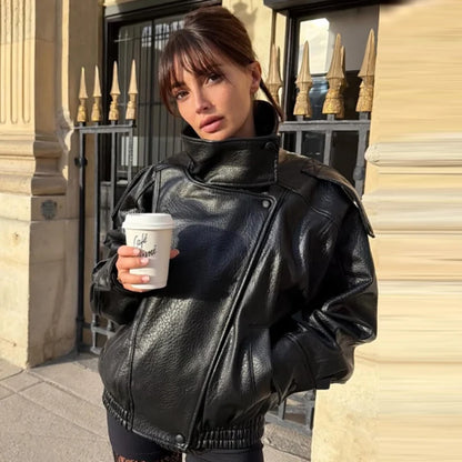 Women's Oversized Faux Leather Bomber Jacket – Zip-Up Cropped Coat