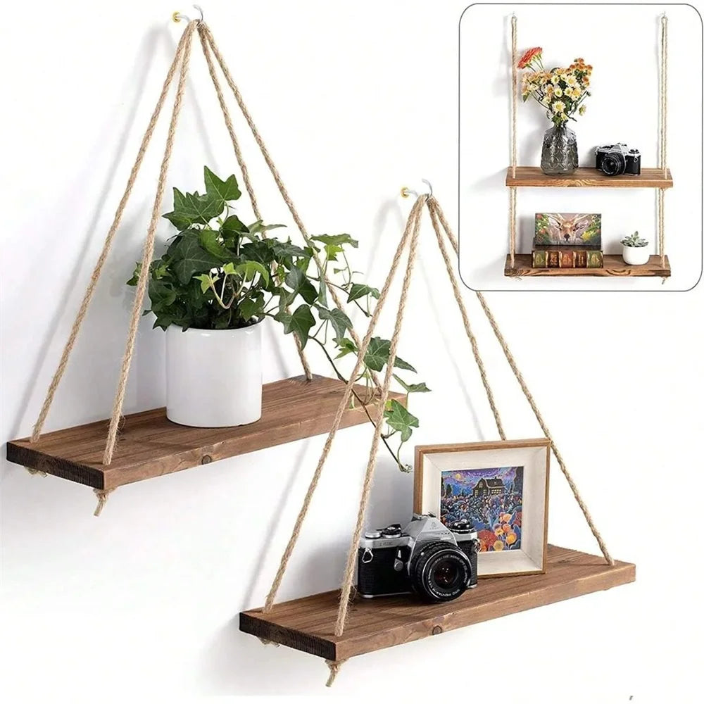 Wood Hanging Rope Swing Shelf – Wall Mounted Floating Shelf