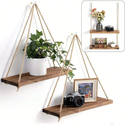 Wood Hanging Rope Swing Shelf – Wall Mounted Floating Shelf