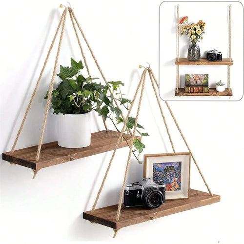 Wood Hanging Rope Swing Shelf – Wall Mounted Floating Shelf