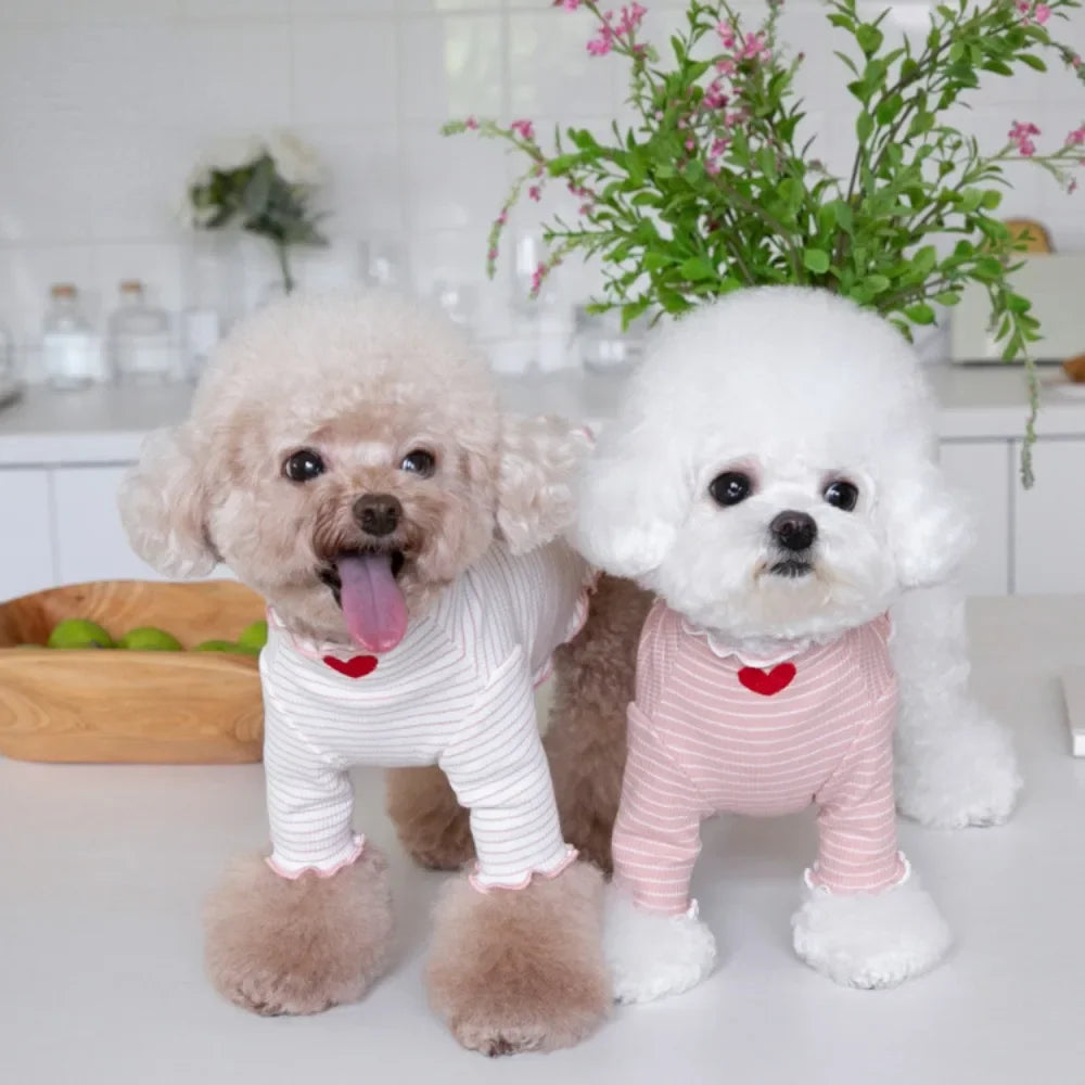 Love Heart Embroidered Pet Shirt – Striped Dog & Cat Top