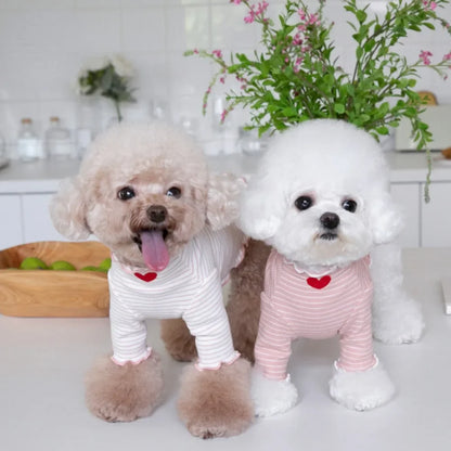 Love Heart Embroidered Pet Shirt – Striped Dog & Cat Top