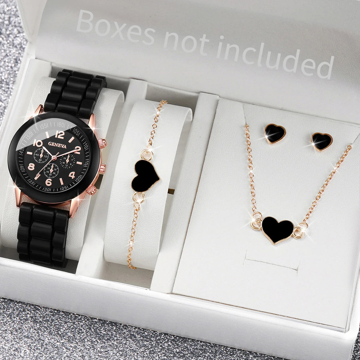 Women's Quartz Watch & Jewelry Set with Silicone Band