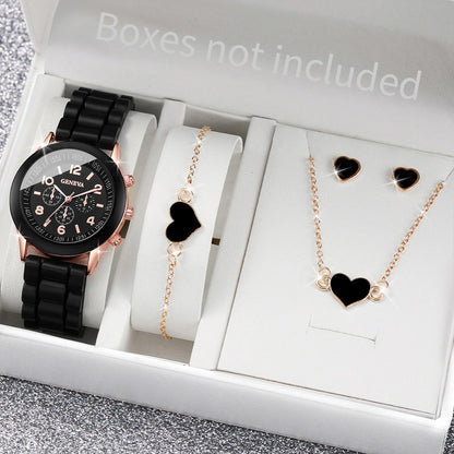 Women's Quartz Watch & Jewelry Set with Silicone Band