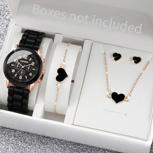 Women's Quartz Watch & Jewelry Set with Silicone Band