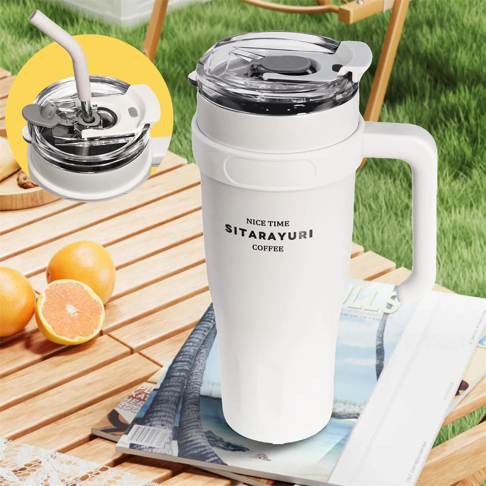 Insulated Tumbler with Handle & Straw – 38.5oz Stainless Steel