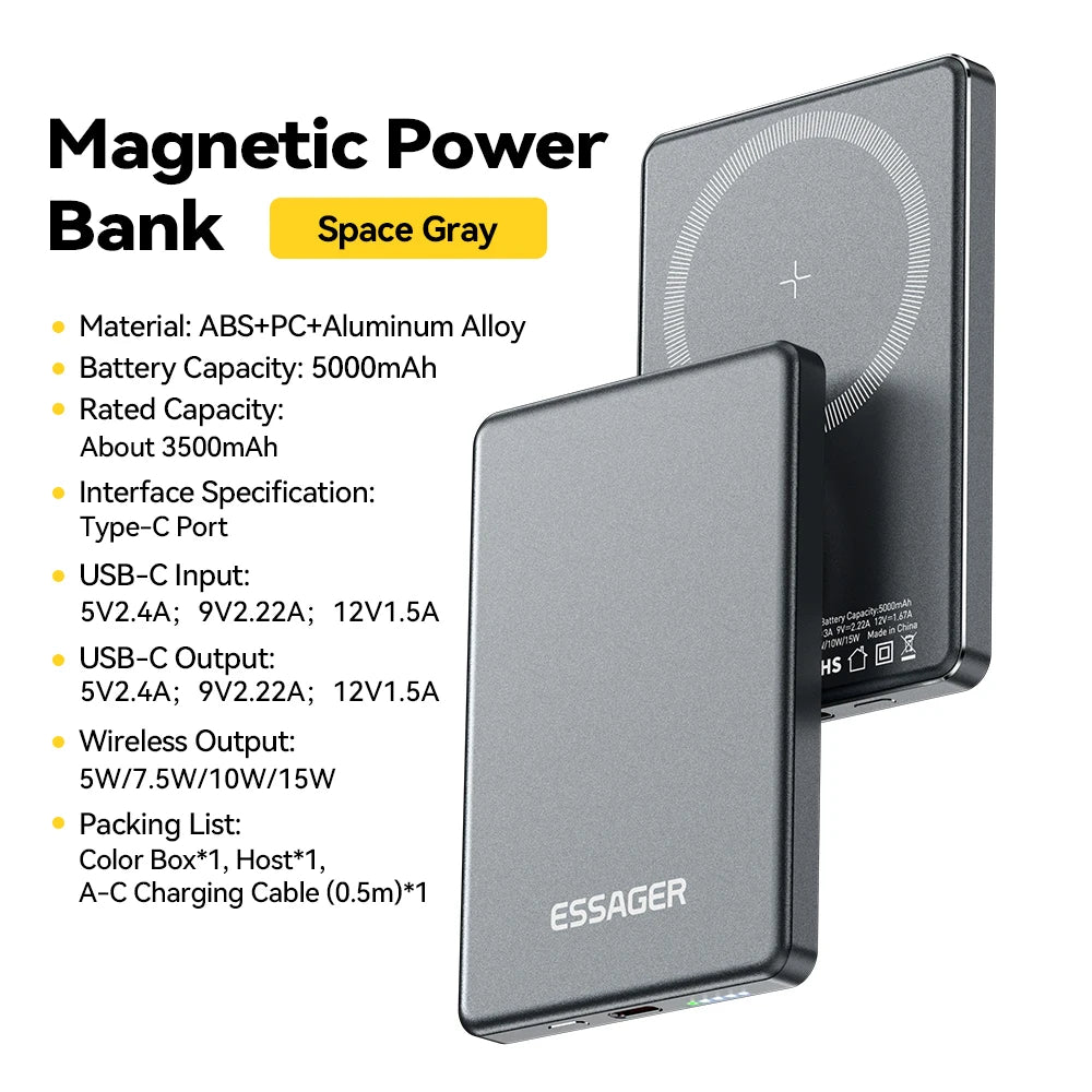 Essager Magnetic Wireless Power Bank 5000mAh 20W Slim MagSafe Portable Charger