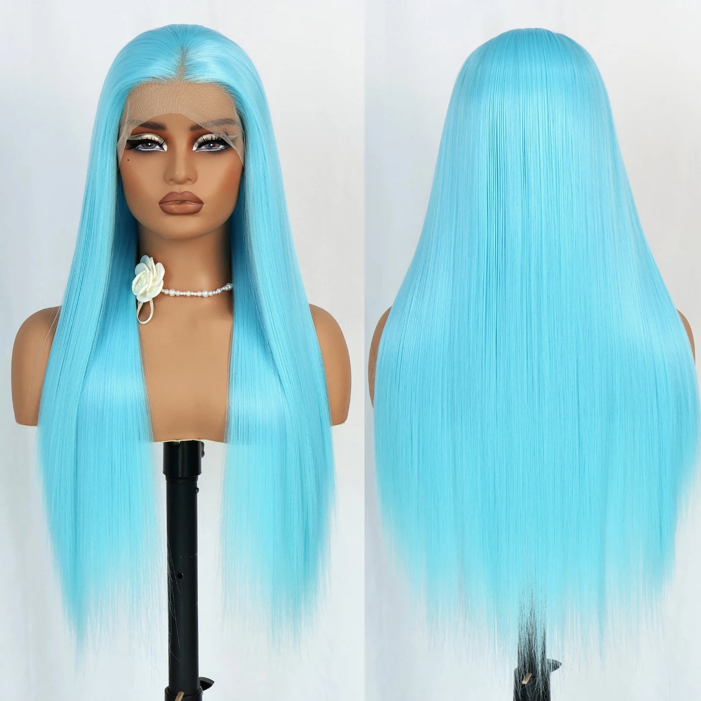 Blue Long Straight Synthetic Lace Front Wig 28 Inch 180% Density