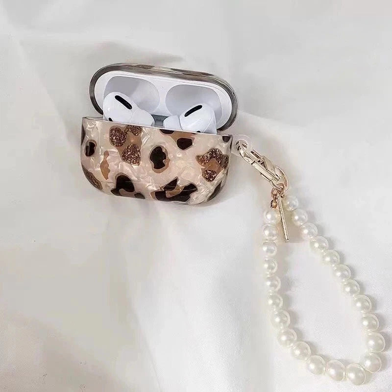 Leopard Print AirPods Case with Pearl Chain – Glossy Protective Cover for AirPods 1/2/3 & Pro