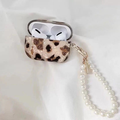 Leopard Print AirPods Case with Pearl Chain – Glossy Protective Cover for AirPods 1/2/3 & Pro