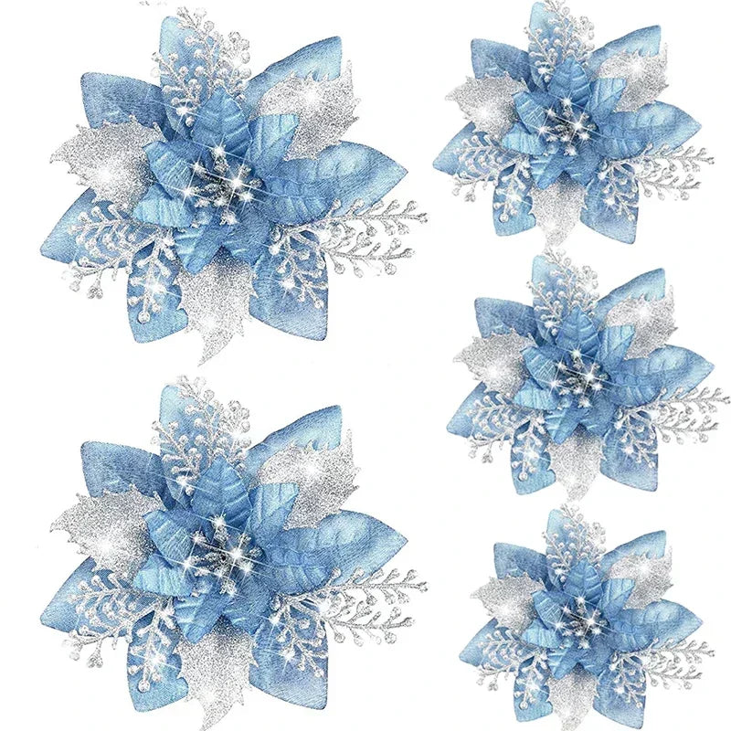Glitter Artificial Christmas Poinsettia Flowers – Set of 5