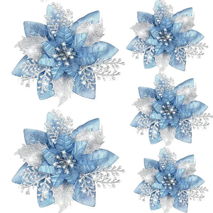 Glitter Artificial Christmas Poinsettia Flowers – Set of 5