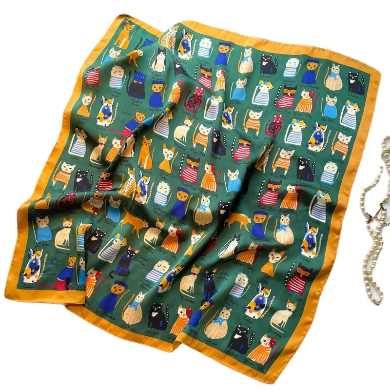Satin Square Scarf Women Cute Cat Print Headscarf Neckerchief
