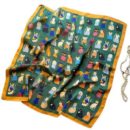 Satin Square Scarf Women Cute Cat Print Headscarf Neckerchief