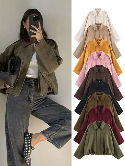 Women's Oversized Suede Bomber Jacket – Long Sleeve Zip-Up Streetwear Coat