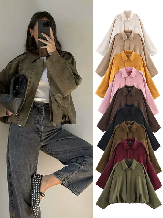 Women's Oversized Suede Bomber Jacket – Long Sleeve Zip-Up Streetwear Coat