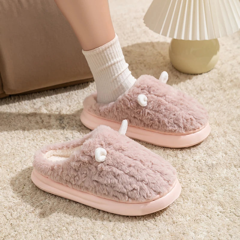 Fuzzy Cartoon Slippers – Warm Closed Toe Non-Slip House Shoes for Women & Men