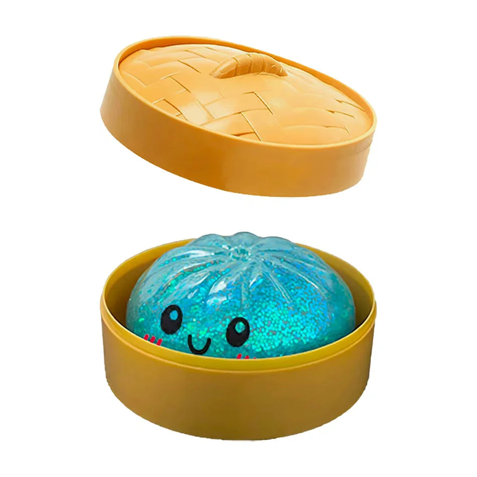 Glitter Dumpling Squishy Toy – Cute Sensory Squeeze Stress Relief Ball in Steamer Box