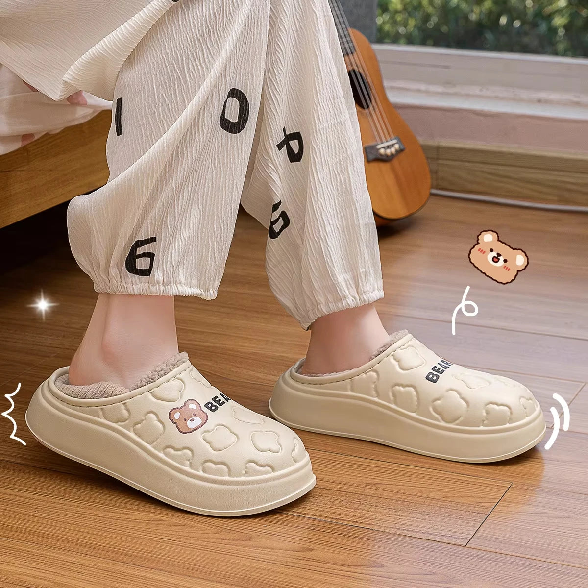 Waterproof Fur-Lined Bear Slippers – Unisex Winter House Shoes