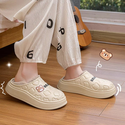 Waterproof Fur-Lined Bear Slippers – Unisex Winter House Shoes