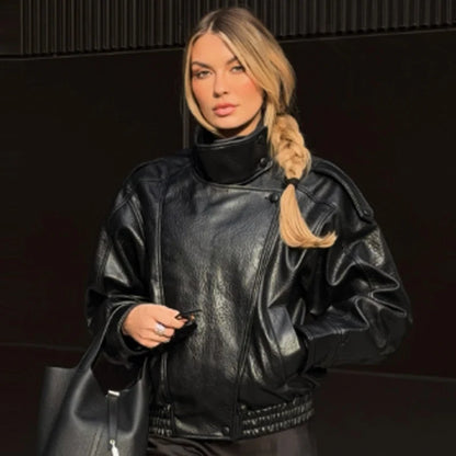 Women's Oversized Faux Leather Bomber Jacket – Zip-Up Cropped Coat