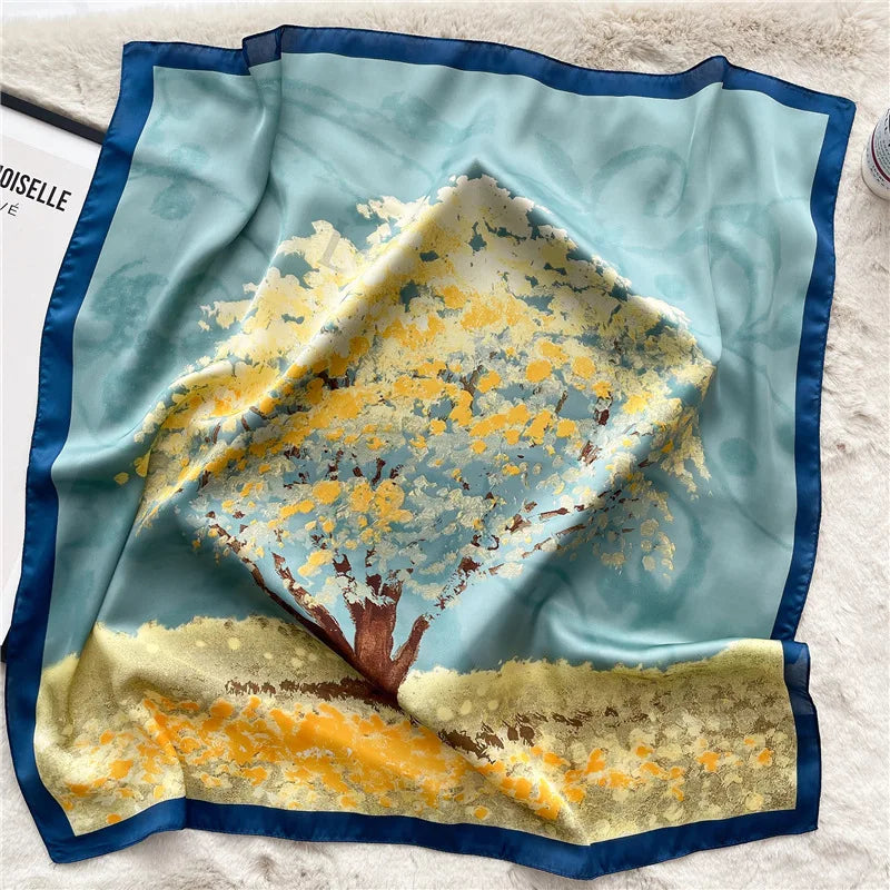 Satin Square Scarf Women Cute Cat Print Headscarf Neckerchief