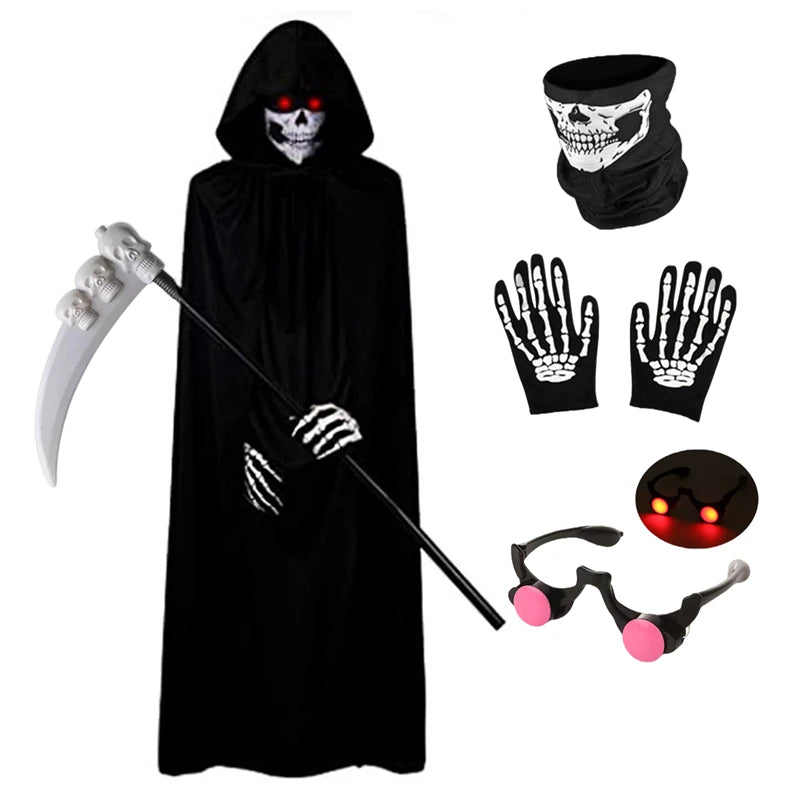Kids Grim Reaper Halloween Costume Set with Glowing Red Eyes