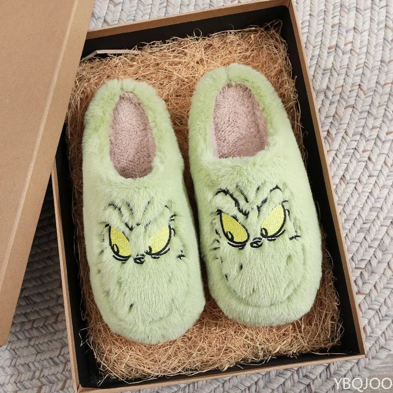 Green Monster Plush Slippers – Cozy Fuzzy Indoor Home Shoes