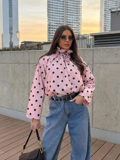 Women's Polka Dot Drawstring Jacket – Elegant Spring Coat