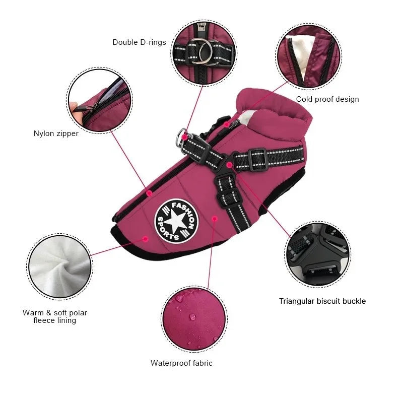 Waterproof Winter Dog Jacket with Built-In Harness