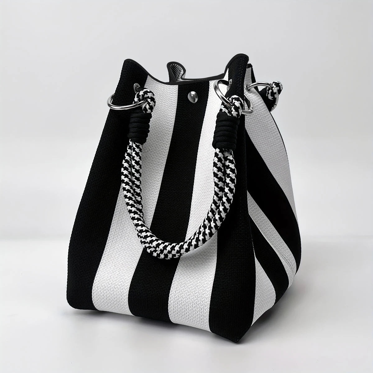 Color-Block Knitted Bucket Bag – Retro Striped Handbag