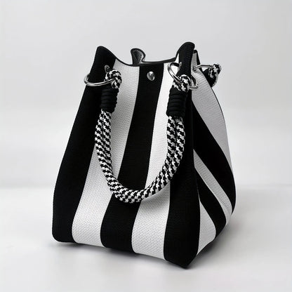Color-Block Knitted Bucket Bag – Retro Striped Handbag