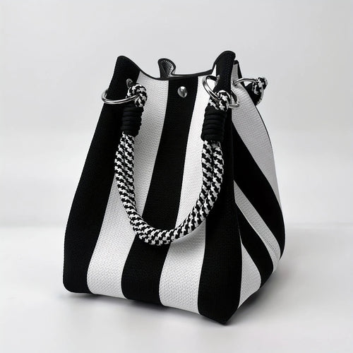 Color-Block Knitted Bucket Bag – Retro Striped Handbag