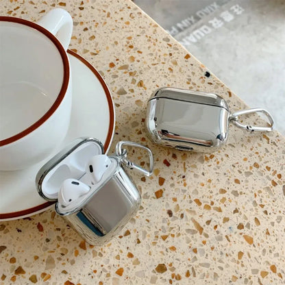 Silver Chrome AirPods Case – Electroplated Mirror Cover with Carabiner